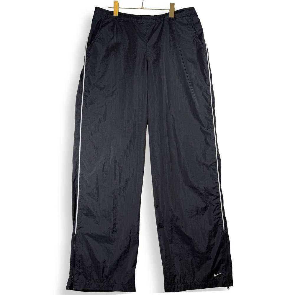 Vintage Nike Womens XL Black Nylon Track Pants White Piping Zip Ankle Y2K Retro